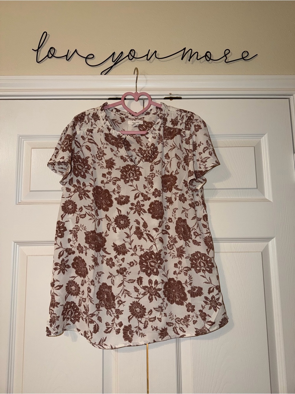 Maurices Cream Short Sleeve Top with Brown Floral Print